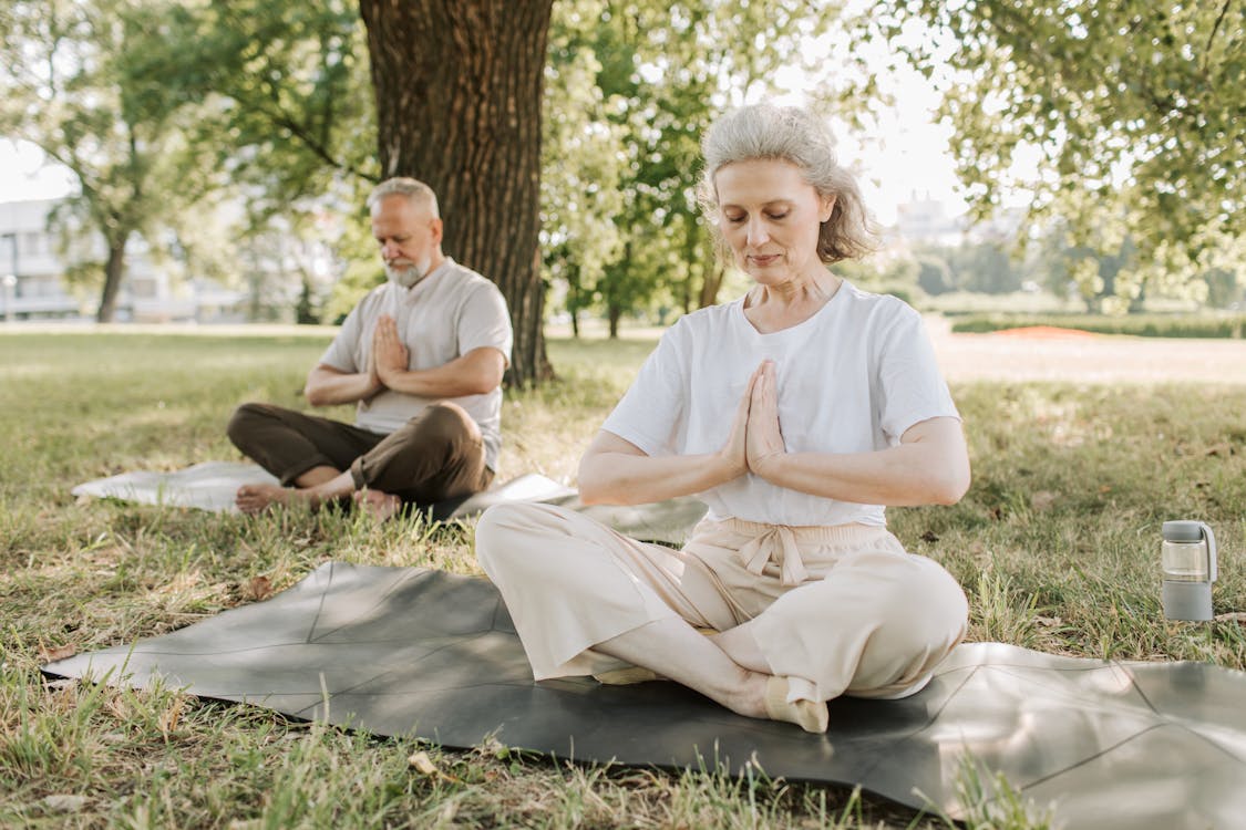 An elderly couple doing yoga together